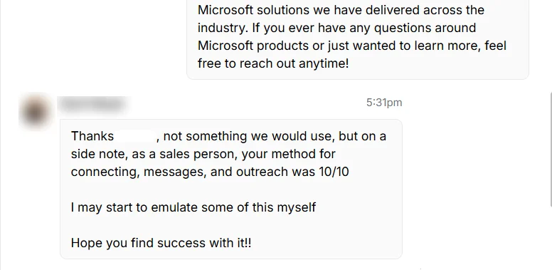A real LinkedIn reply: 'your method for connecting, messages, and outreach was 10/10'