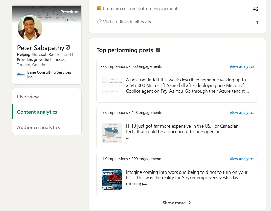 LinkedIn analytics showing top posts with 92K, 67K and 41K impressions